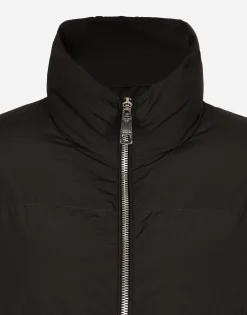 Short nylon down jacket with branded tag