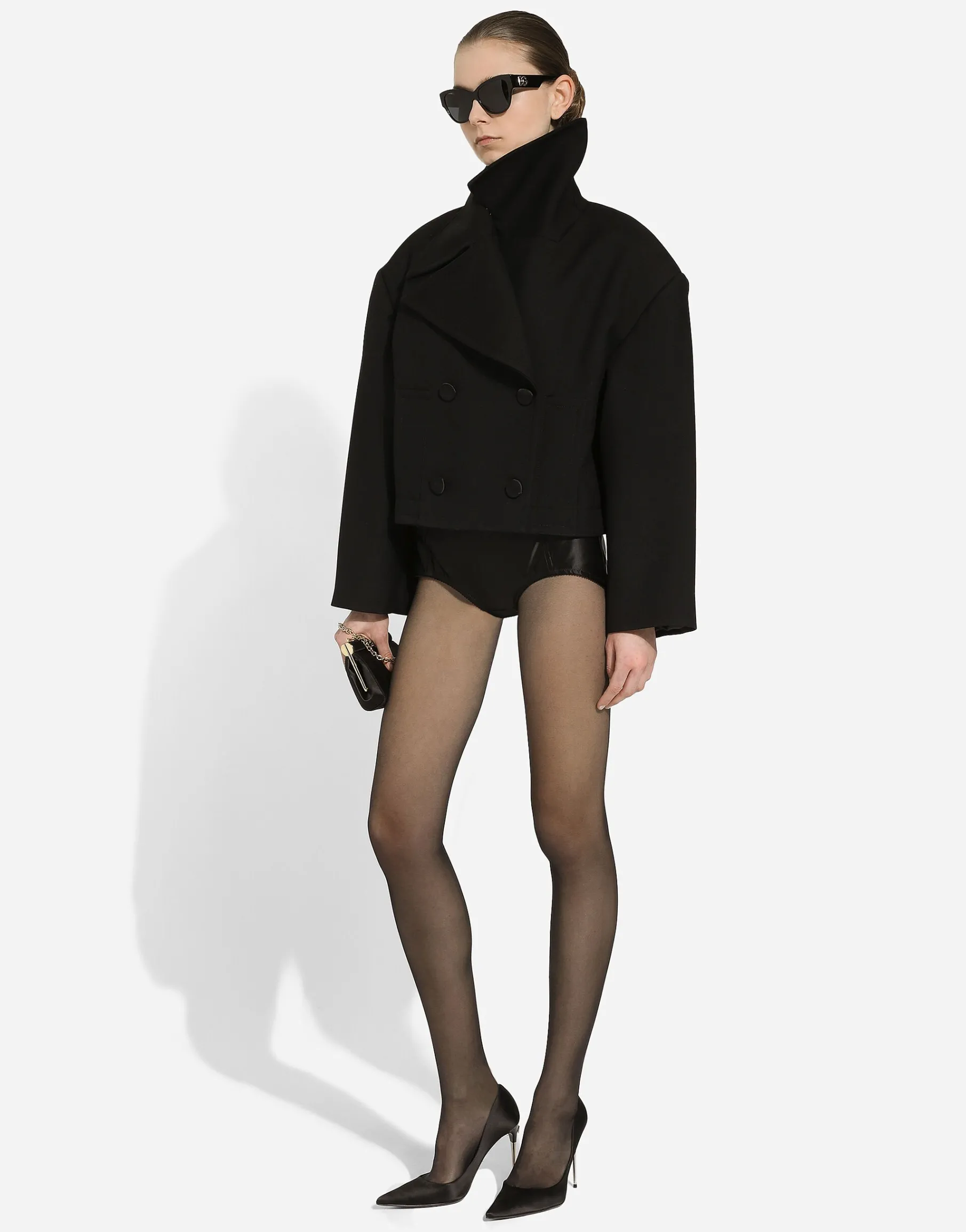 Short oversize wool gabardine jacket