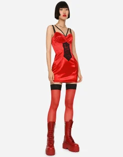 Short satin dress with lace details