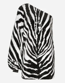 Short sequined one-shoulder dress with zebra print