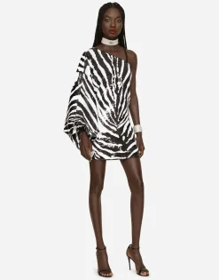 Short sequined one-shoulder dress with zebra print
