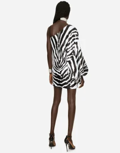 Short sequined one-shoulder dress with zebra print