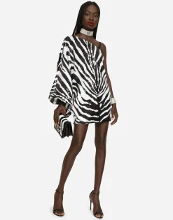 Short sequined one-shoulder dress with zebra print