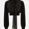 Short silk chiffon pussy-bow blouse