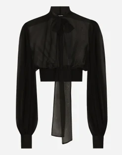 Short silk chiffon pussy-bow blouse