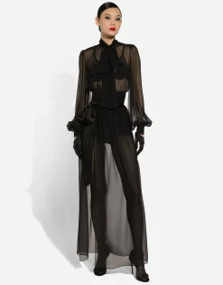 Short silk chiffon pussy-bow blouse