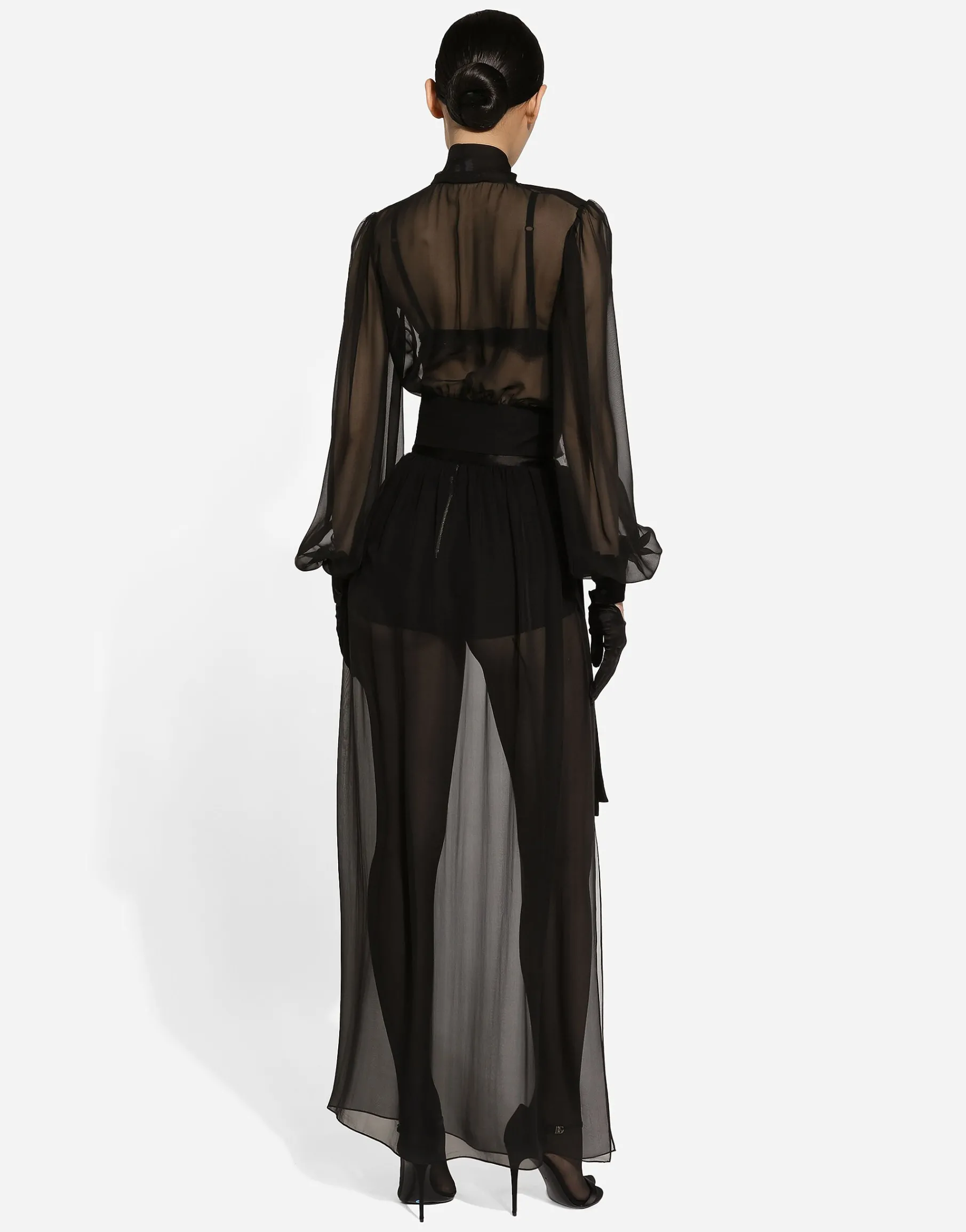 Short silk chiffon pussy-bow blouse
