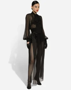 Short silk chiffon pussy-bow blouse