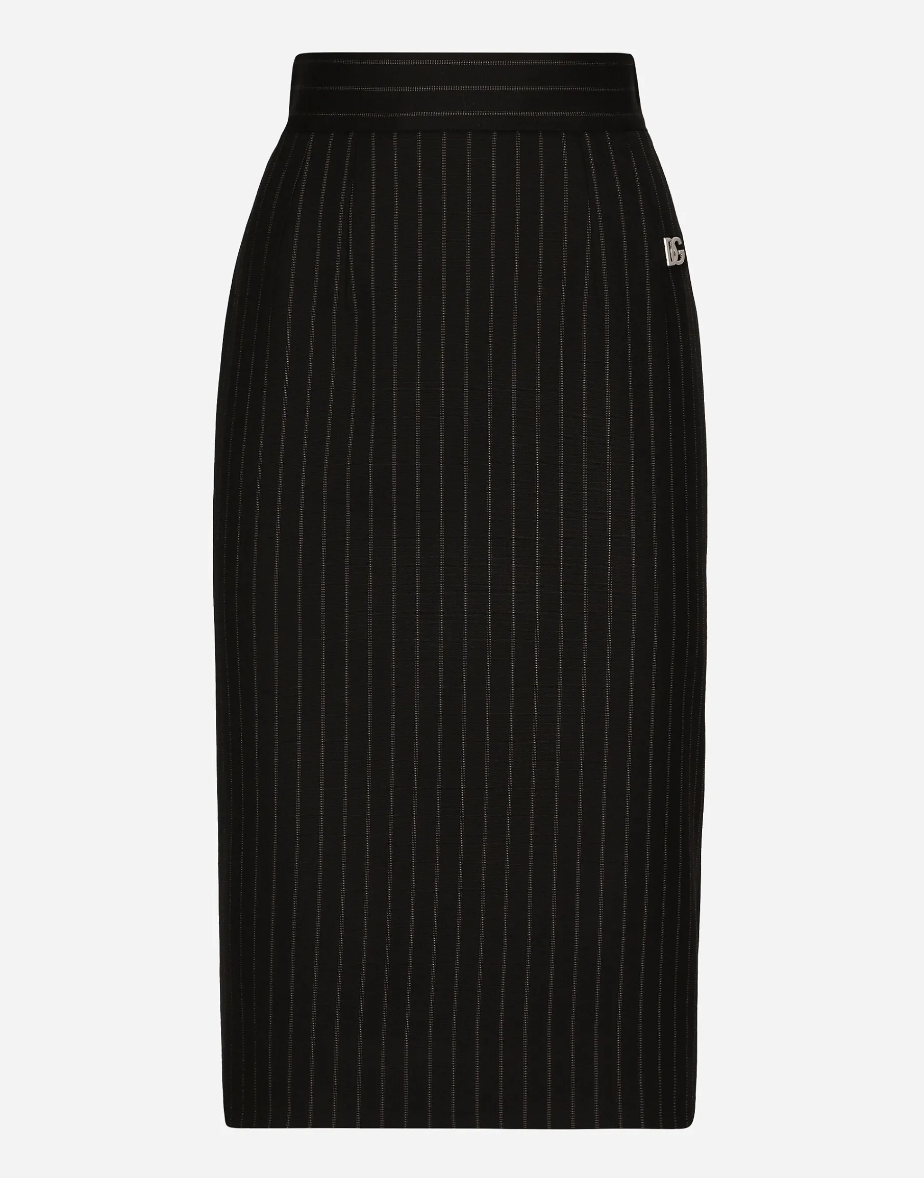 Short straight-cut pinstripe wool skirt