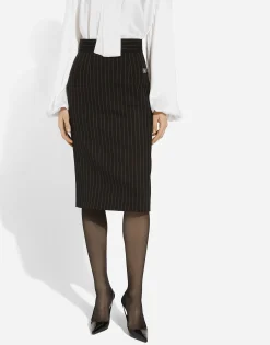 Short straight-cut pinstripe wool skirt
