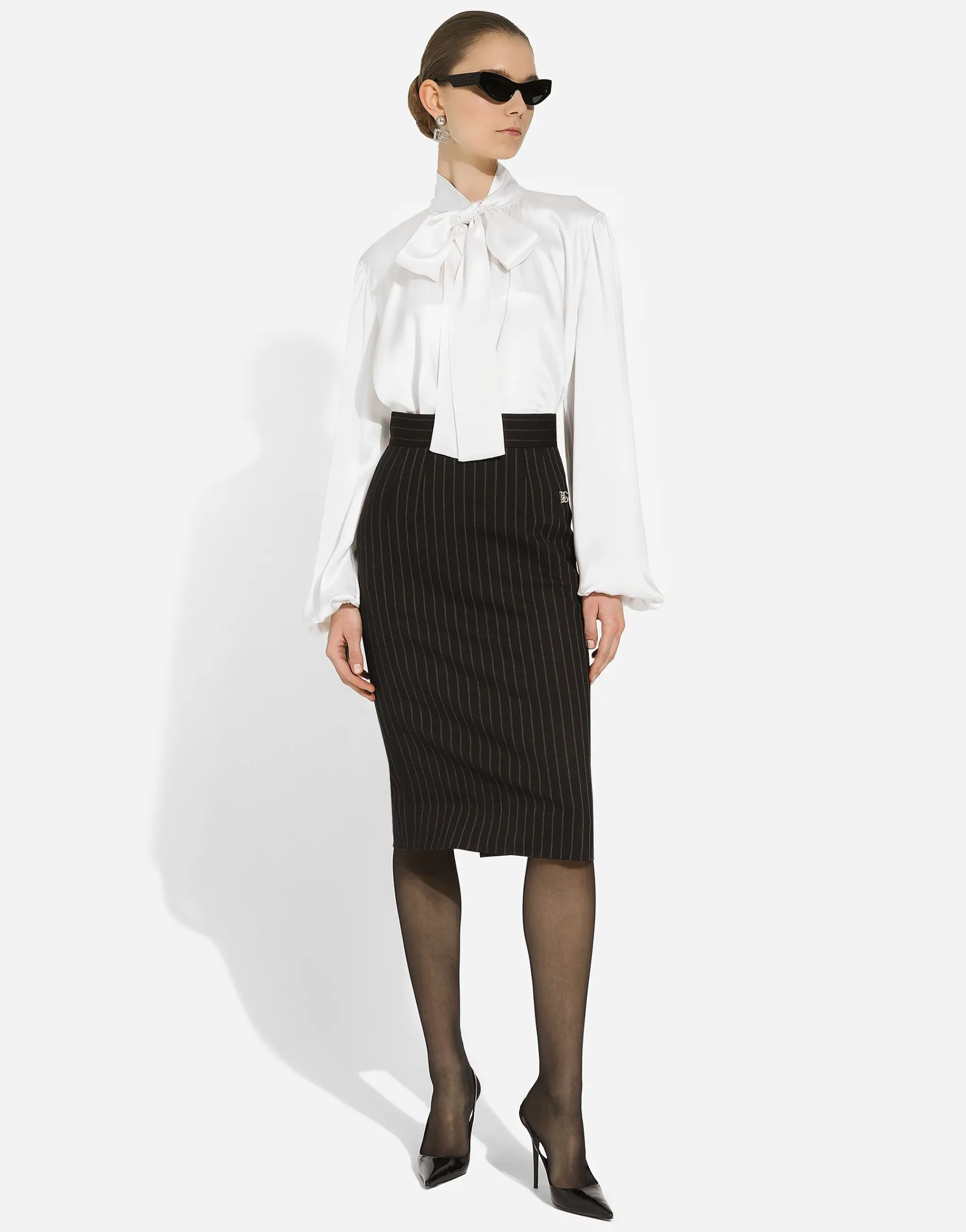 Short straight-cut pinstripe wool skirt