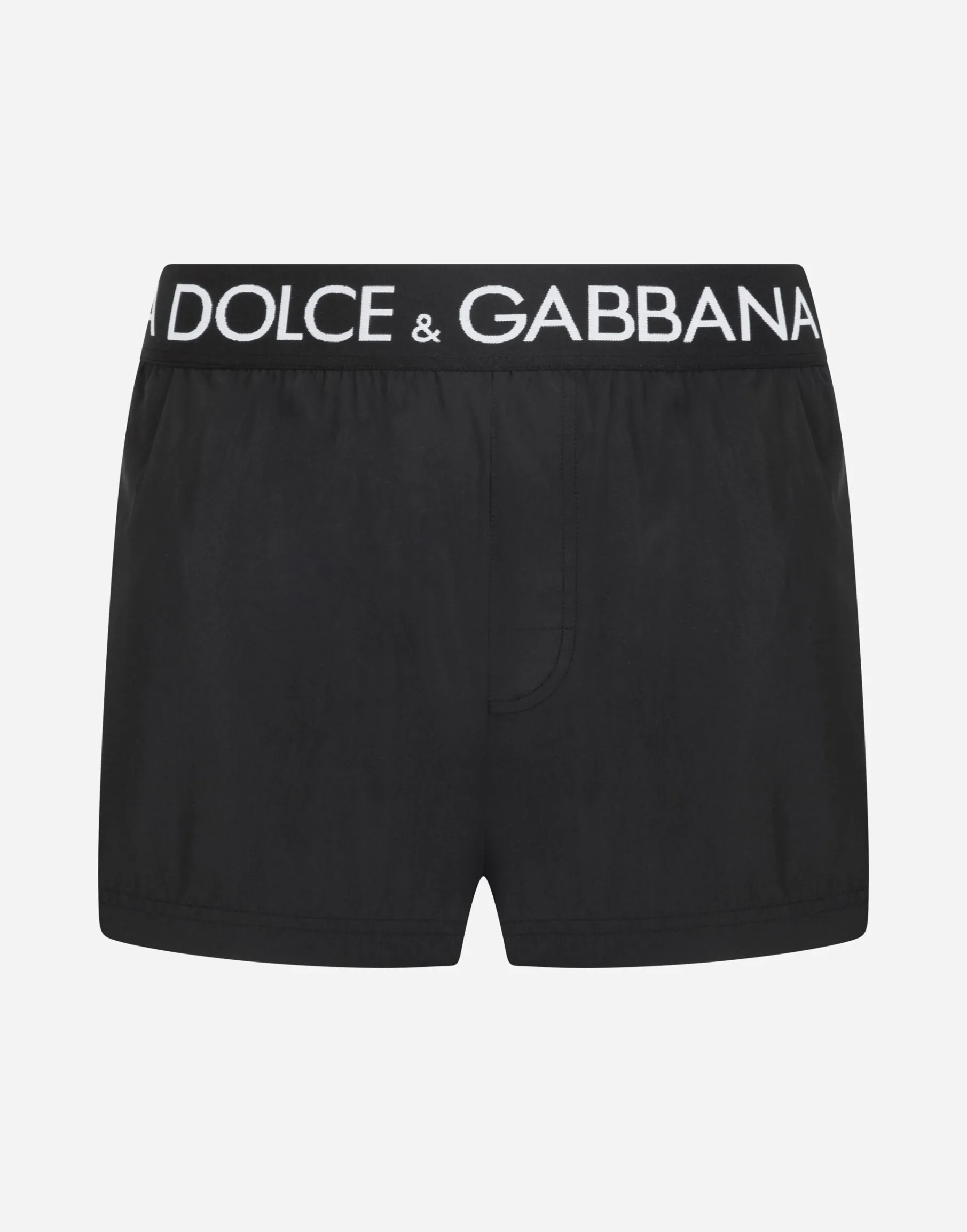 Short swim trunks with branded stretch waistband