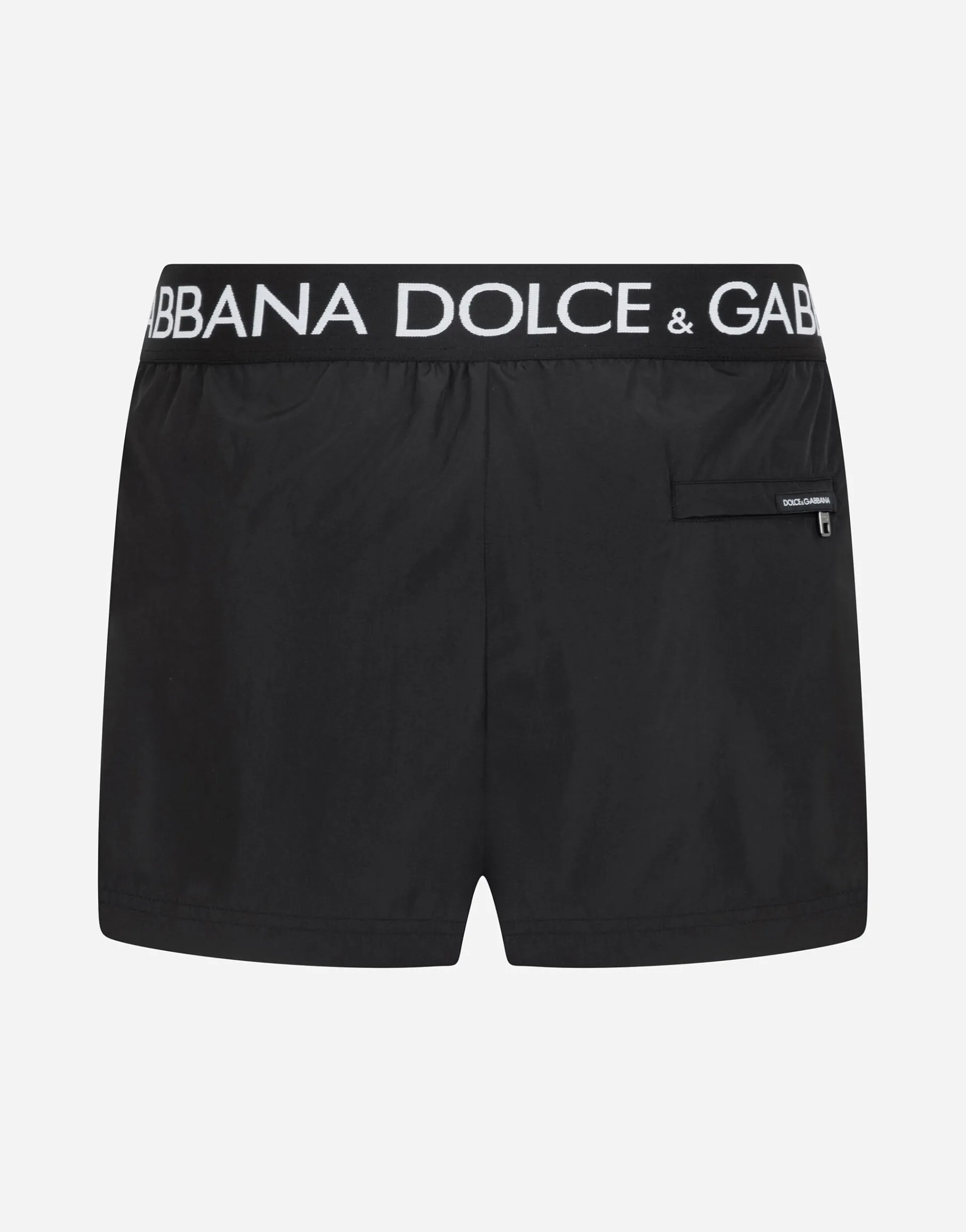 Short swim trunks with branded stretch waistband