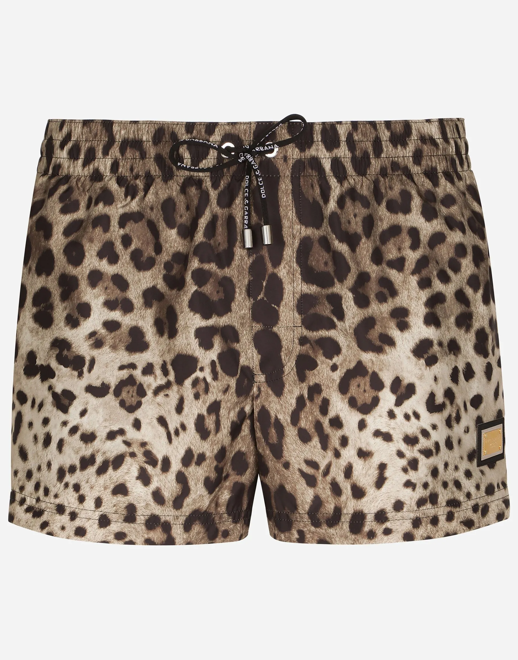Short swim trunks with leopard print