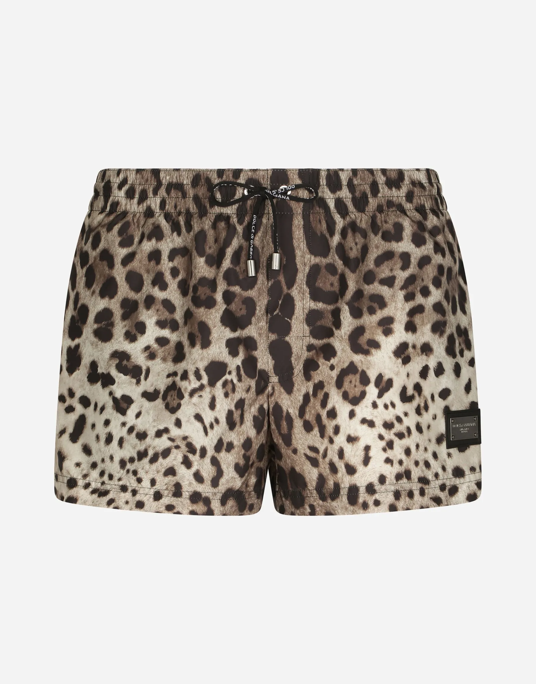 Short swim trunks with leopard print