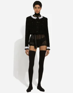 Short tweed jacket with micro-sequin embellishment