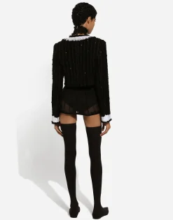 Short tweed jacket with micro-sequin embellishment