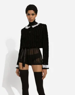 Short tweed jacket with micro-sequin embellishment