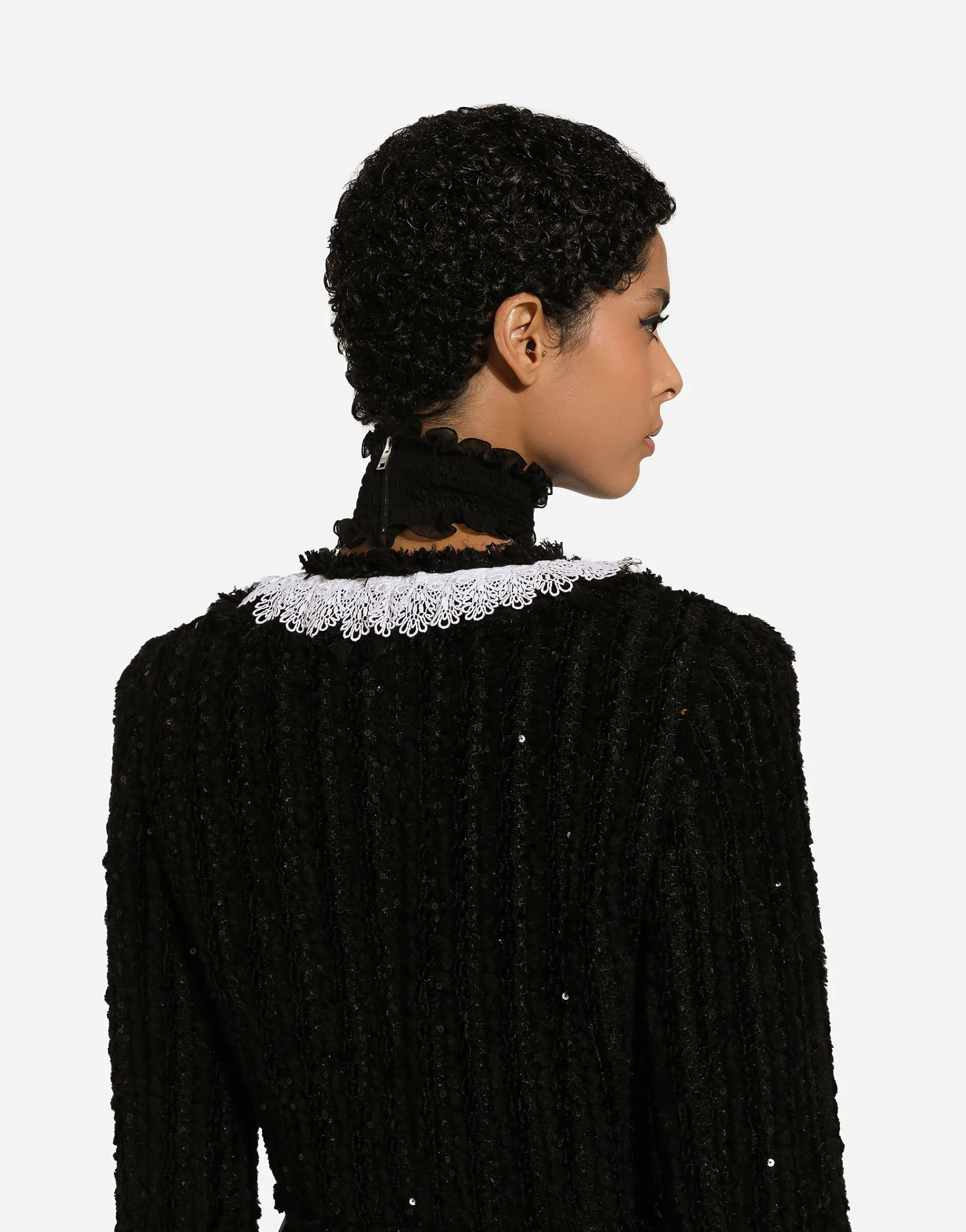 Short tweed jacket with micro-sequin embellishment