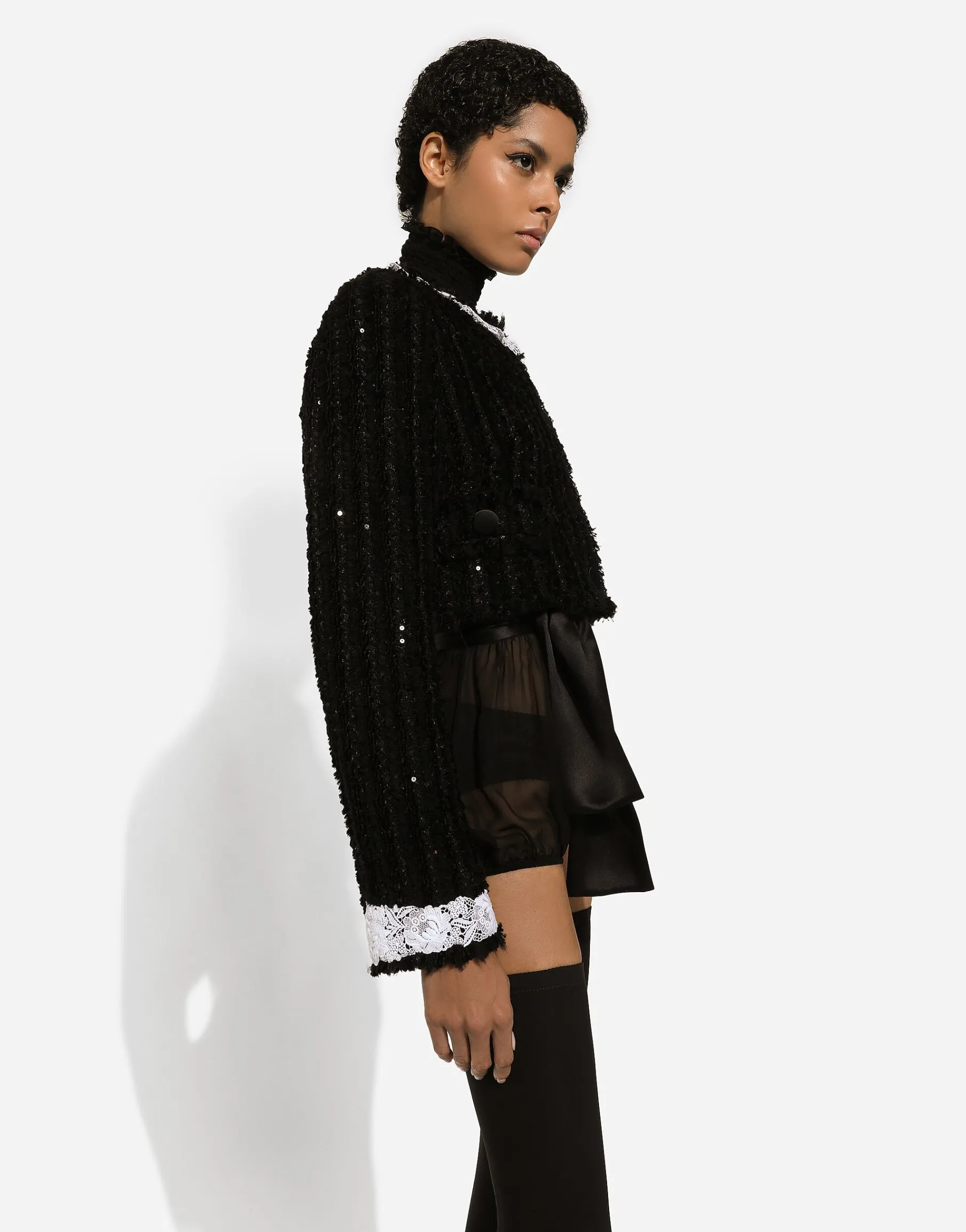 Short tweed jacket with micro-sequin embellishment