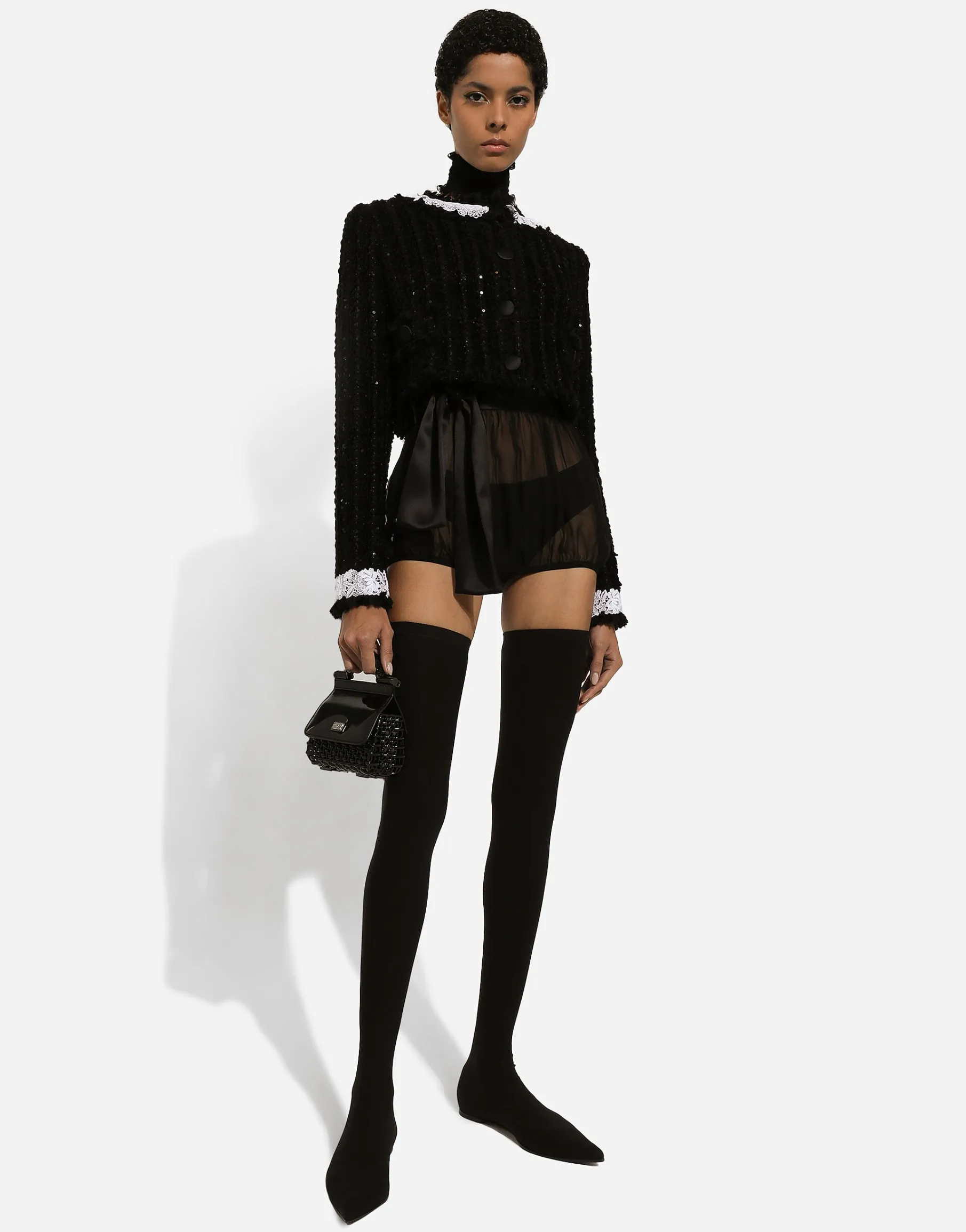 Short tweed jacket with micro-sequin embellishment