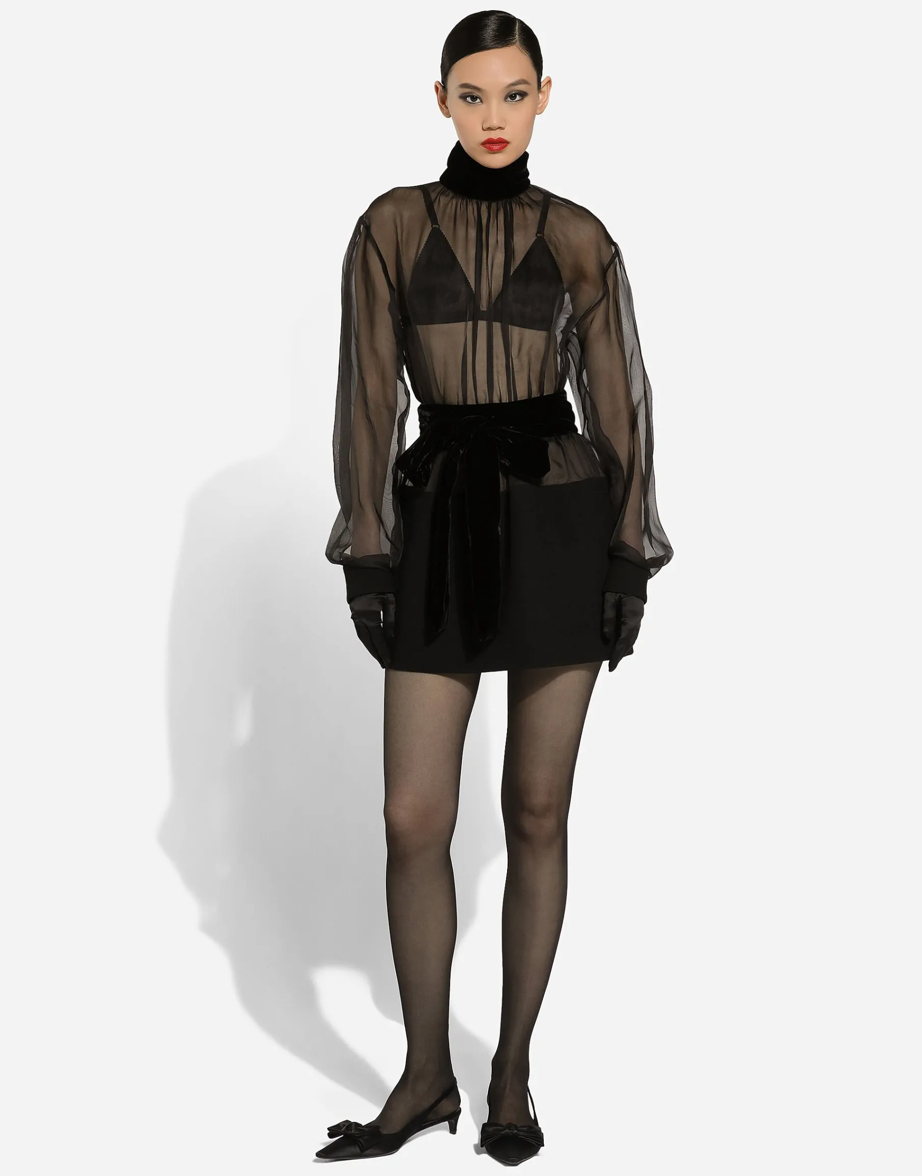 Short wool crepe and organza dress