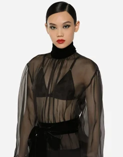 Short wool crepe and organza dress