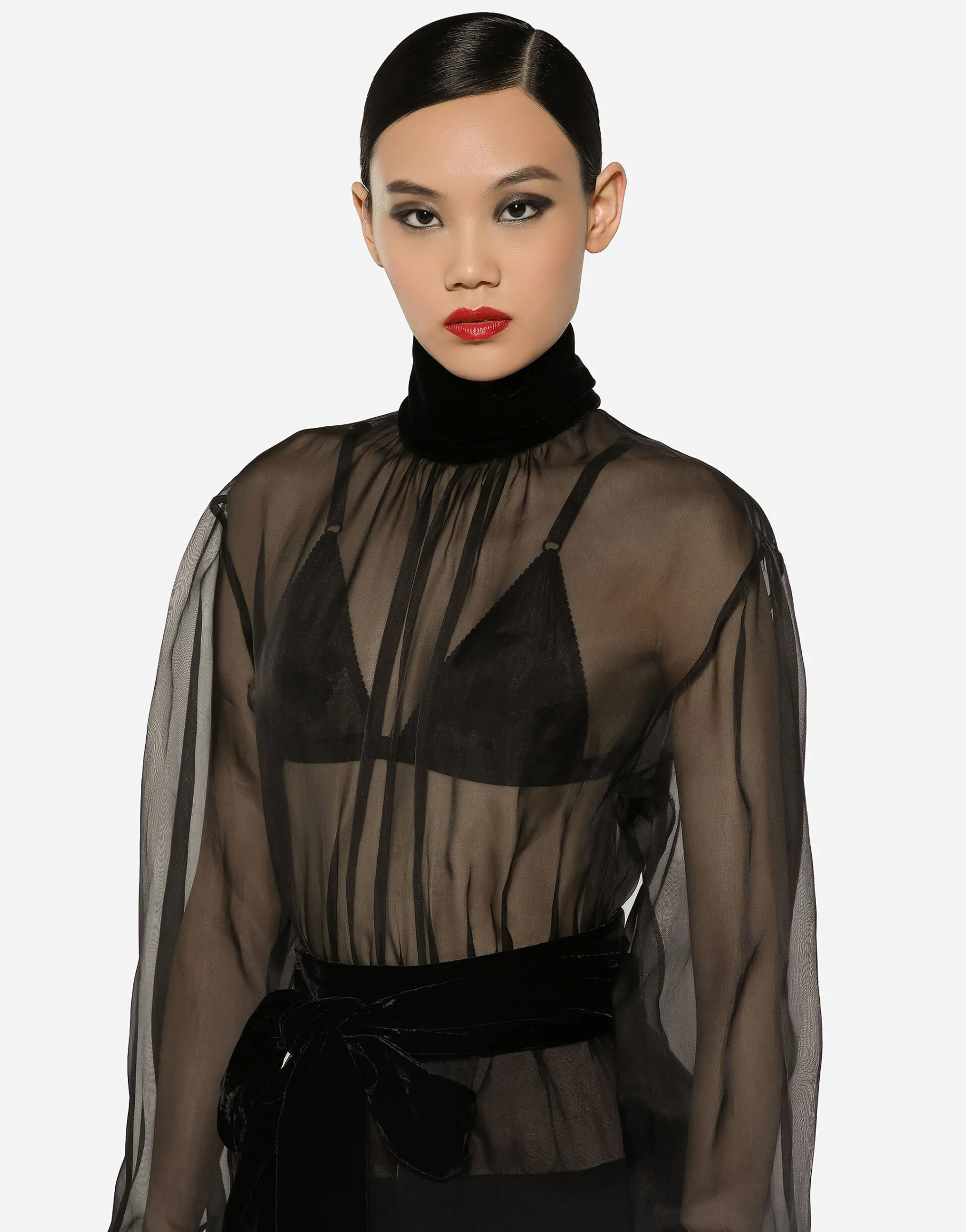 Short wool crepe and organza dress