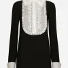 Short wool crepe dress with organza shirt front