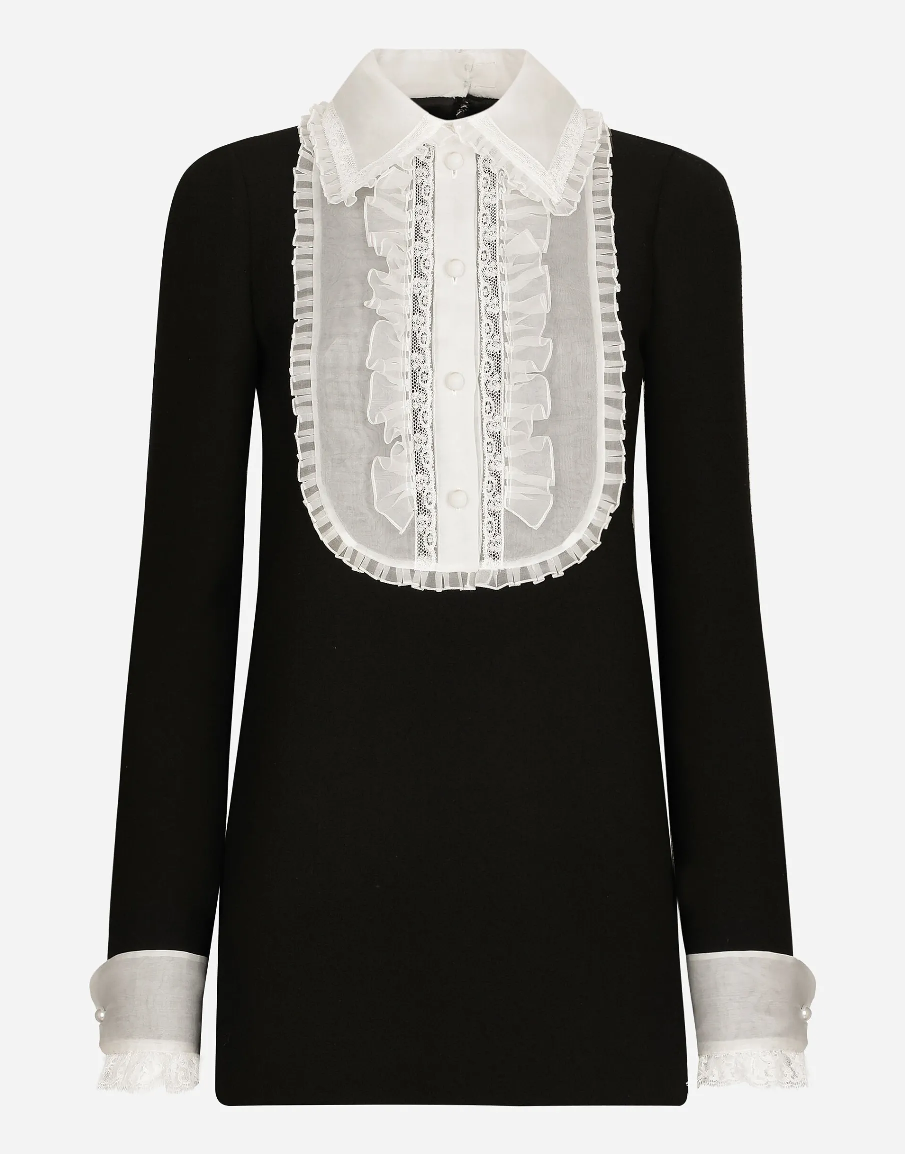 Short wool crepe dress with organza shirt front