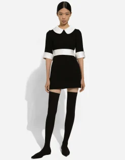 Short wool crepe dress with satin details