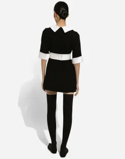 Short wool crepe dress with satin details