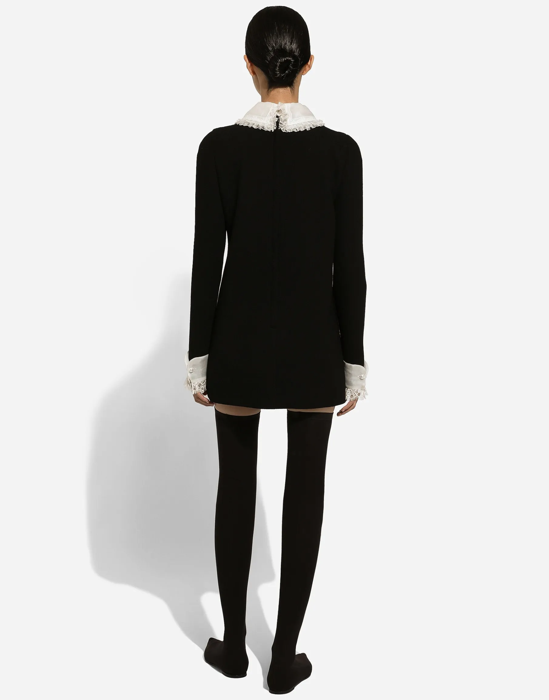Short wool crepe dress with organza shirt front