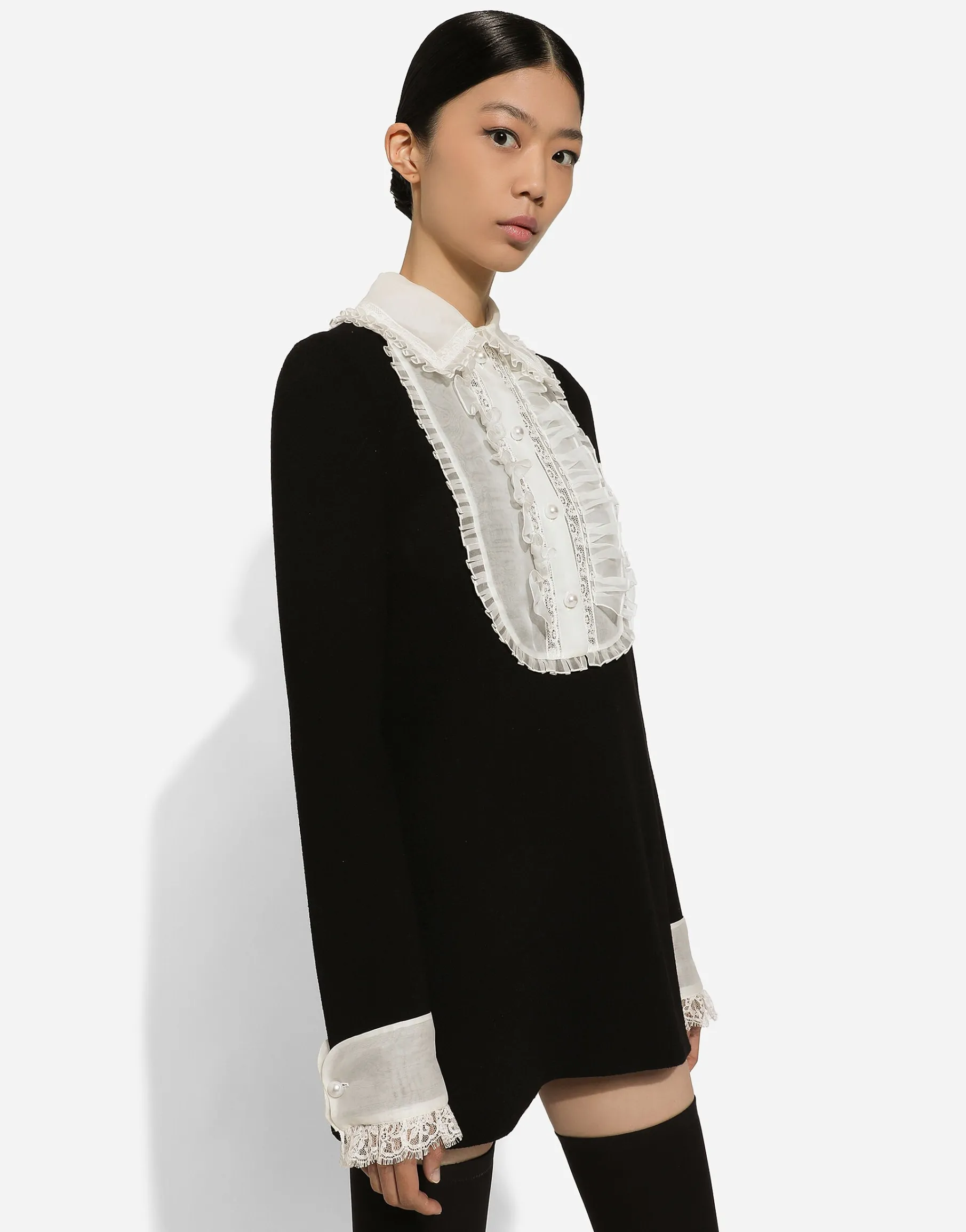 Short wool crepe dress with organza shirt front