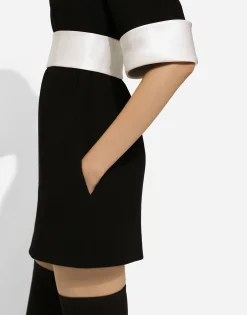 Short wool crepe dress with satin details