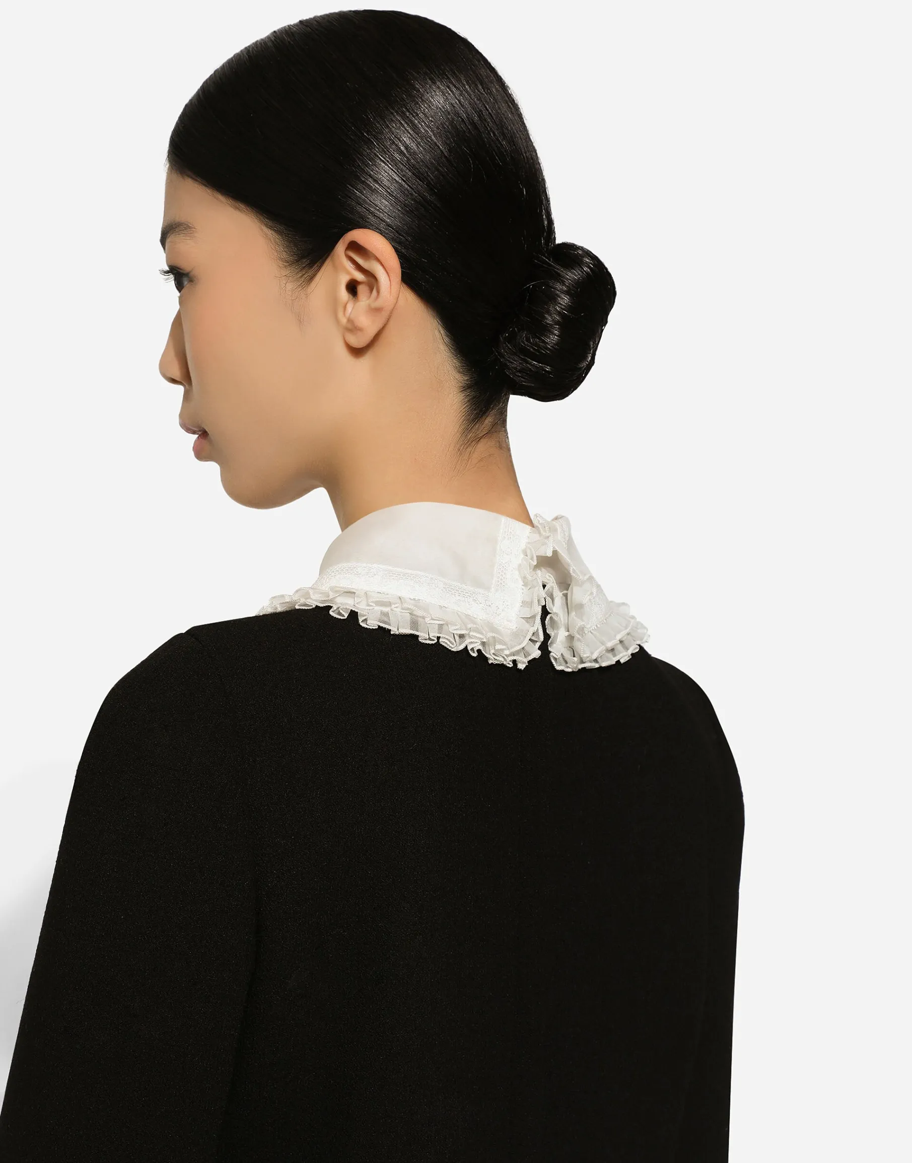 Short wool crepe dress with organza shirt front