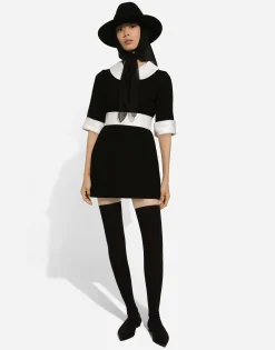 Short wool crepe dress with satin details