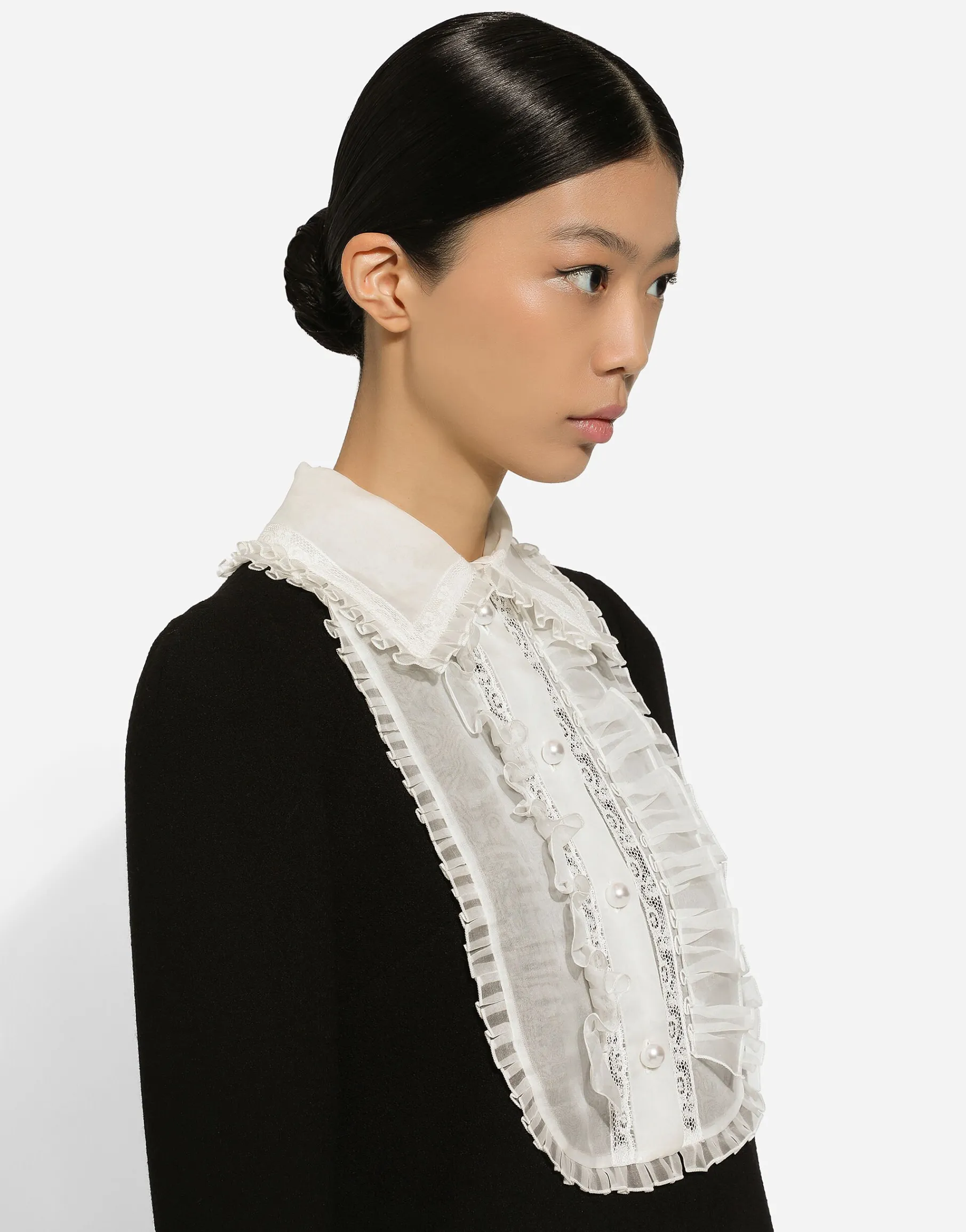 Short wool crepe dress with organza shirt front