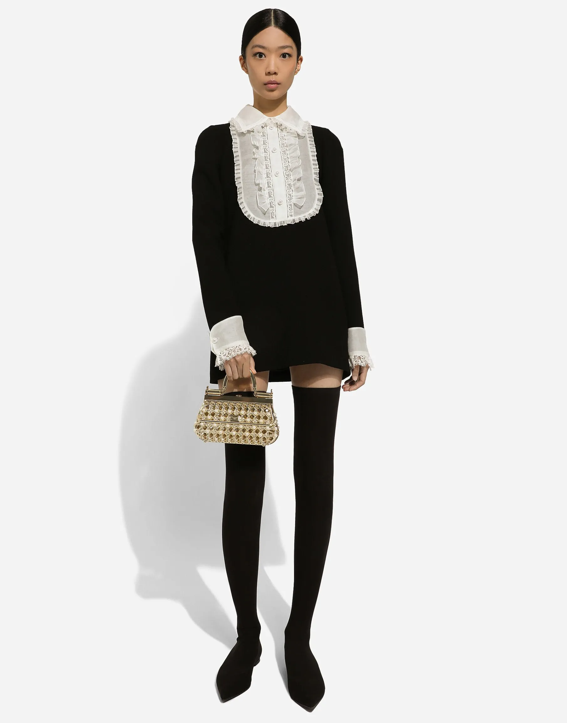 Short wool crepe dress with organza shirt front