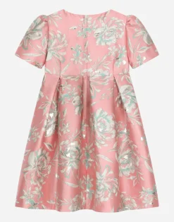 Short-sleeved floral cloque dress