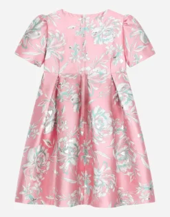 Short-sleeved floral cloque dress