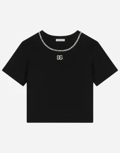 Short-sleeved jersey T-shirt with rhinestones