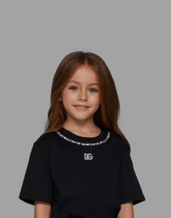 Short-sleeved jersey T-shirt with rhinestones
