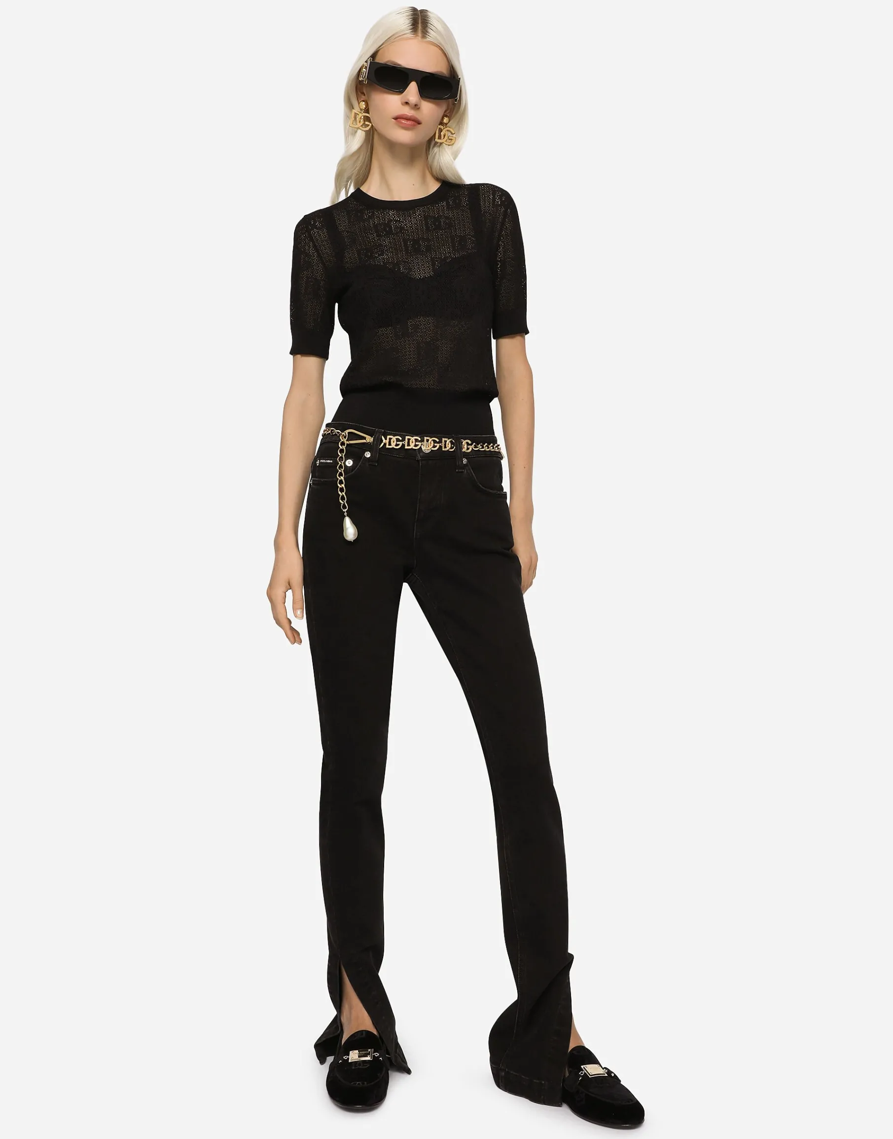 Short-sleeved lace-stitch sweater with DG logo