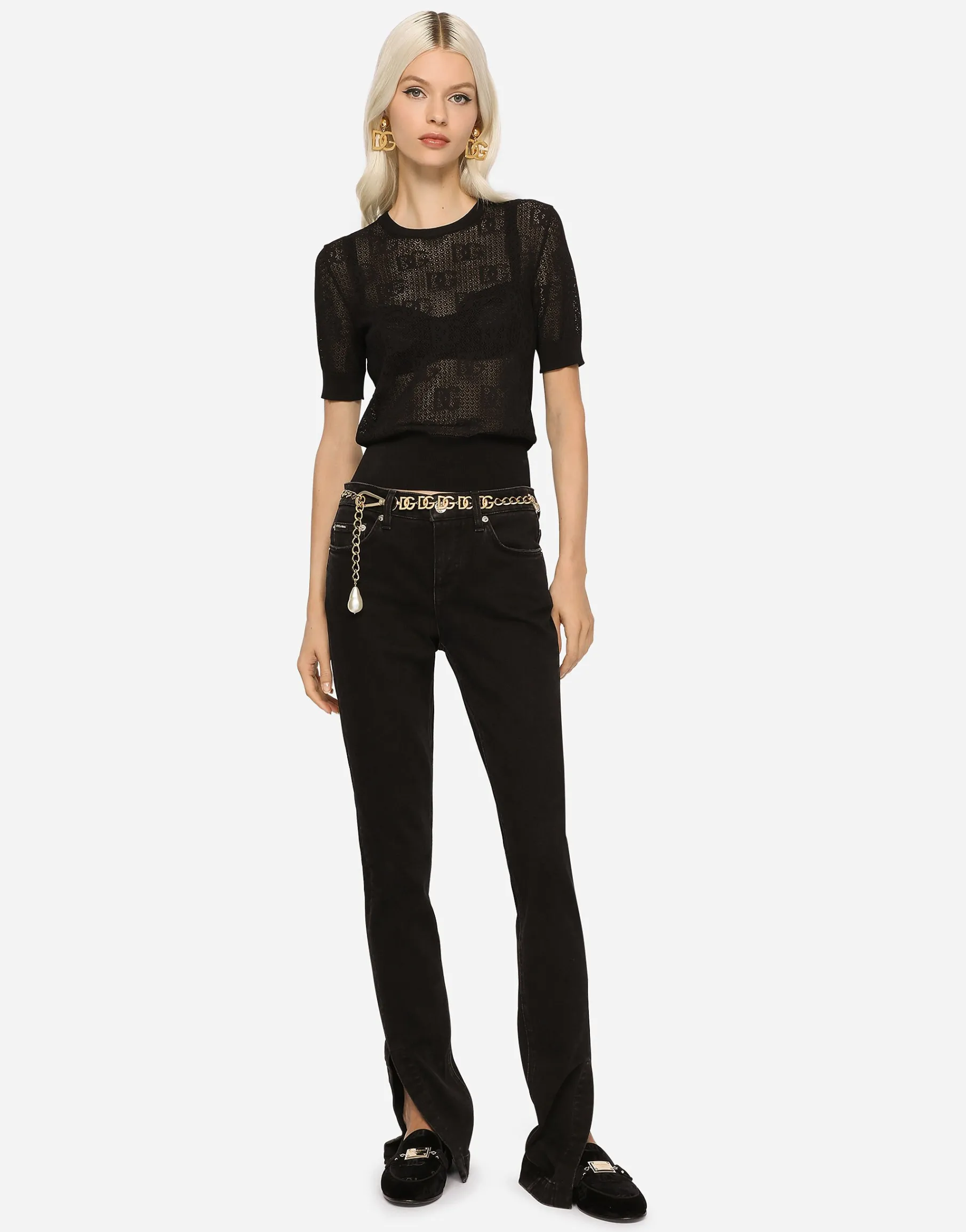Short-sleeved lace-stitch sweater with DG logo