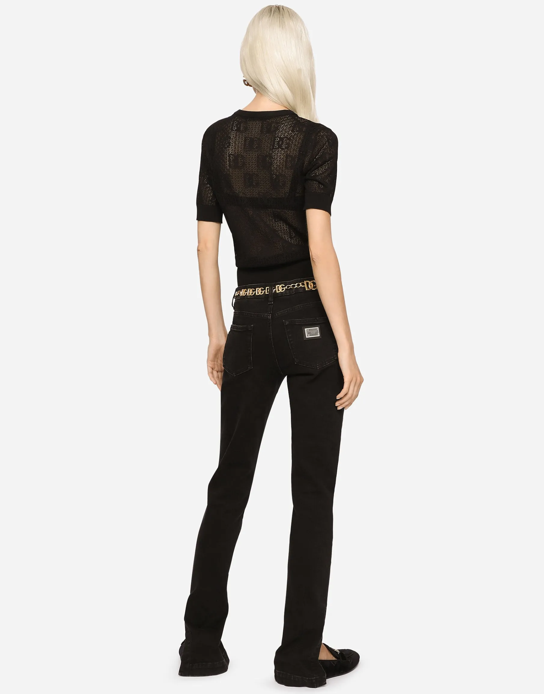 Short-sleeved lace-stitch sweater with DG logo