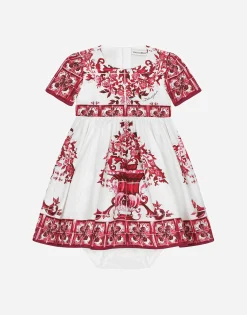 Short-sleeved majolica-print poplin dress