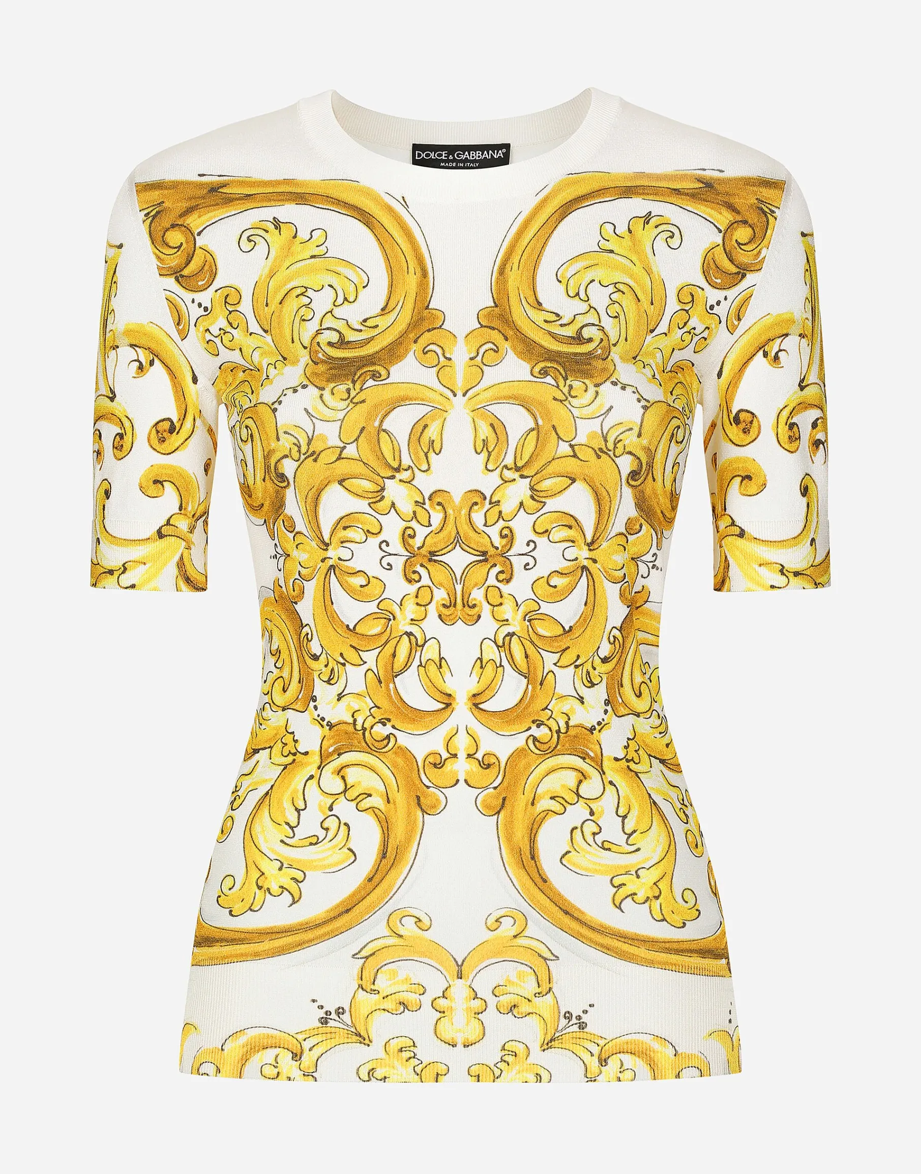 Short-sleeved majolica-print stretch viscose sweater