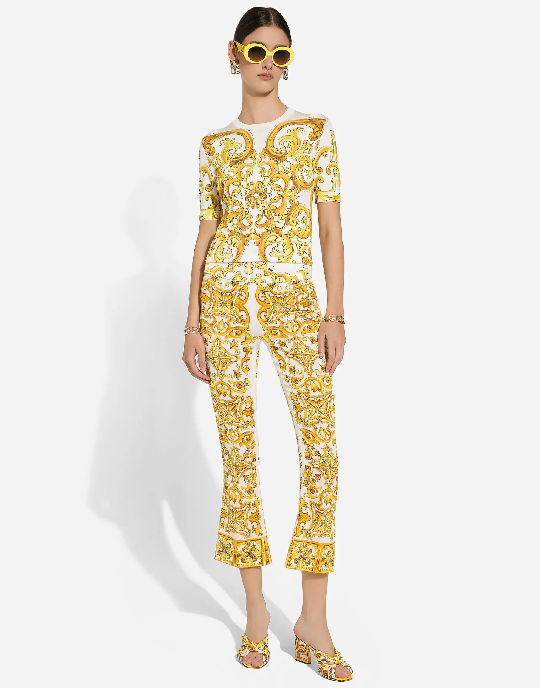 Short-sleeved majolica-print stretch viscose sweater