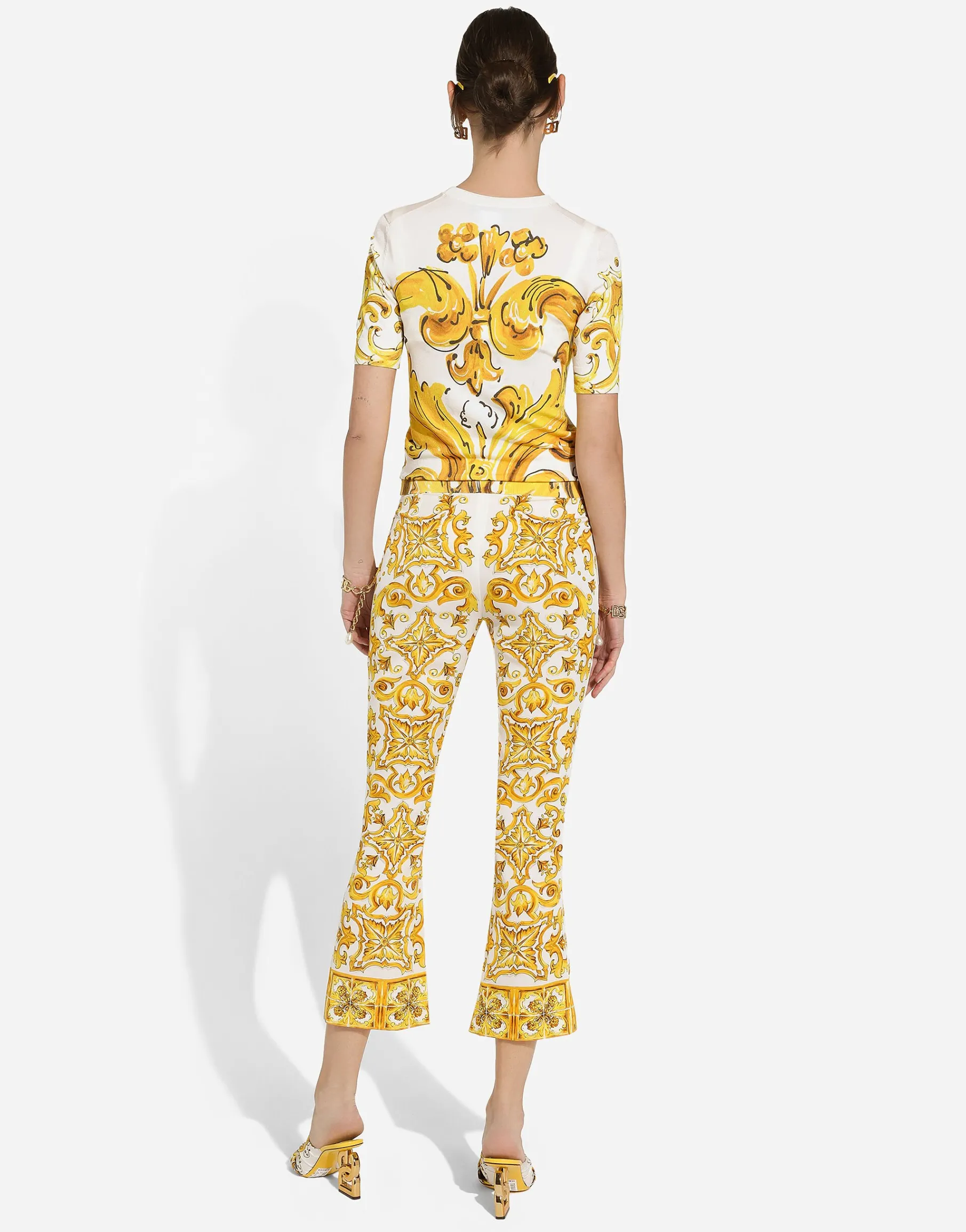 Short-sleeved majolica-print stretch viscose sweater